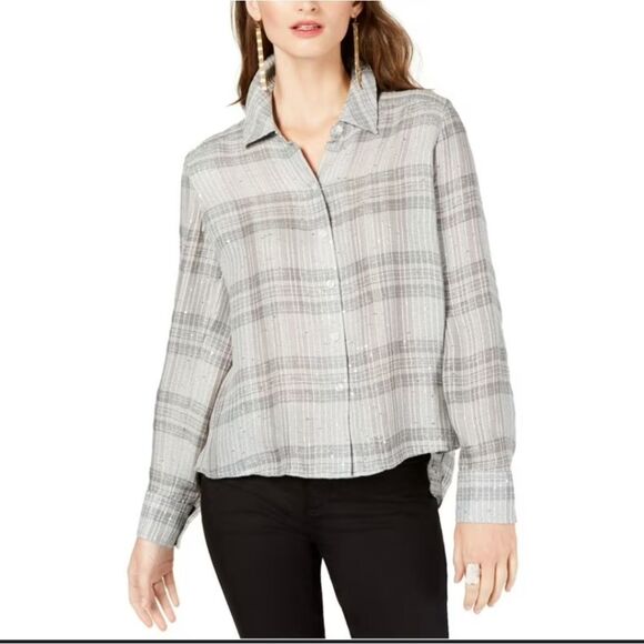 BRAND NEW I-N-C WOMEN'S PLAID SEQUIN BUTTON UP SHIRT - Picture 1 of 16